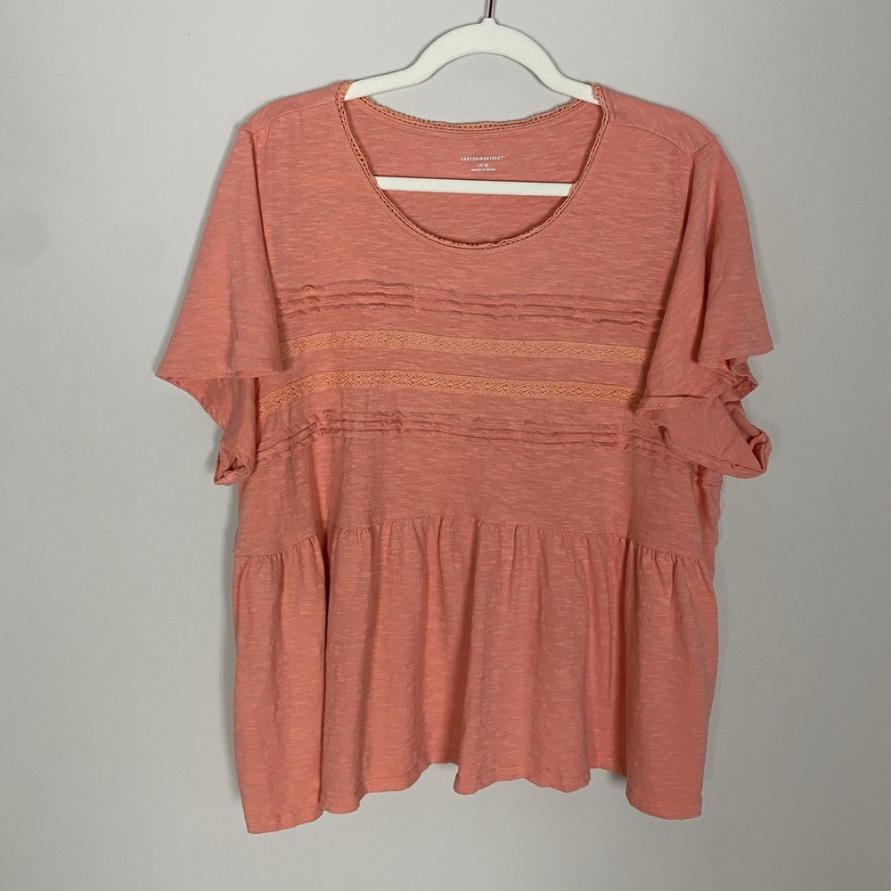 Canyon Retreat Womens Shirt‎ XL Pink Babydoll Ruffle Peplum 100% Cotton Natural